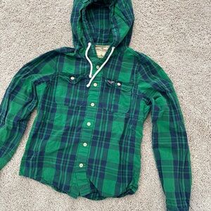 Hollister Green and Blue Plaid Hooded Shirt